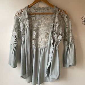 Women's Lace Sleeve Button-Down Top Vintage Lace Loose Flowy Top